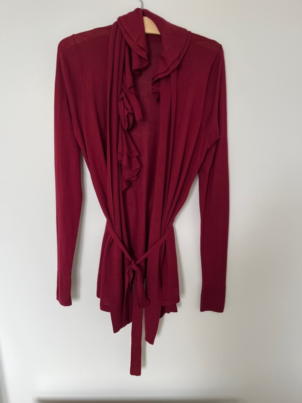 Elie Tahari Ruffled Open Front Cardigan - Deep Burgundy, Size Medium